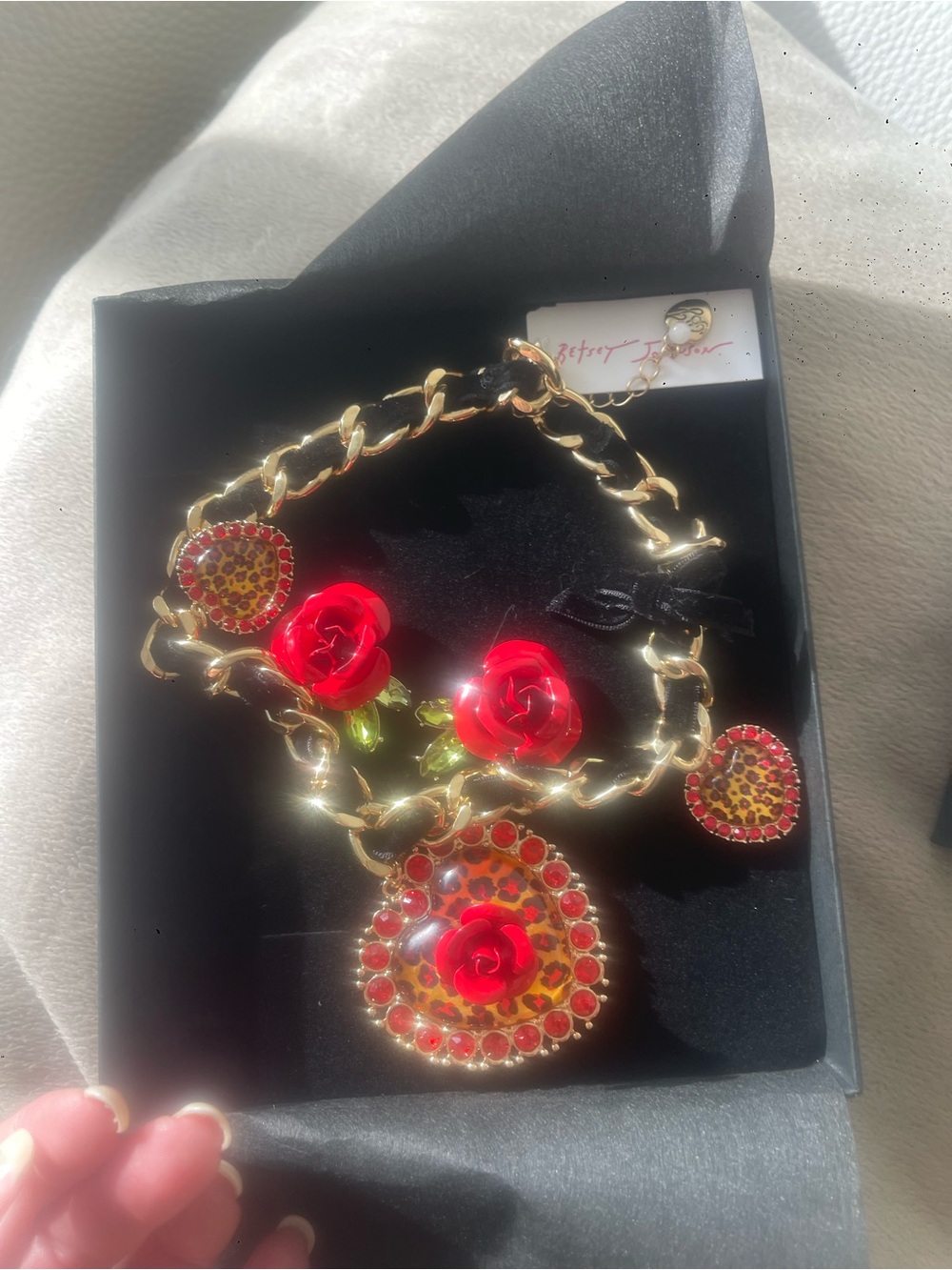 Betsey Johnson Gold Chain Necklace with Red Rose & Leopard Heart Charms
